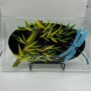 Sydenstricker‎ Black/Green Fused Glas Dish Dragonfly Signed Handmade Cape…